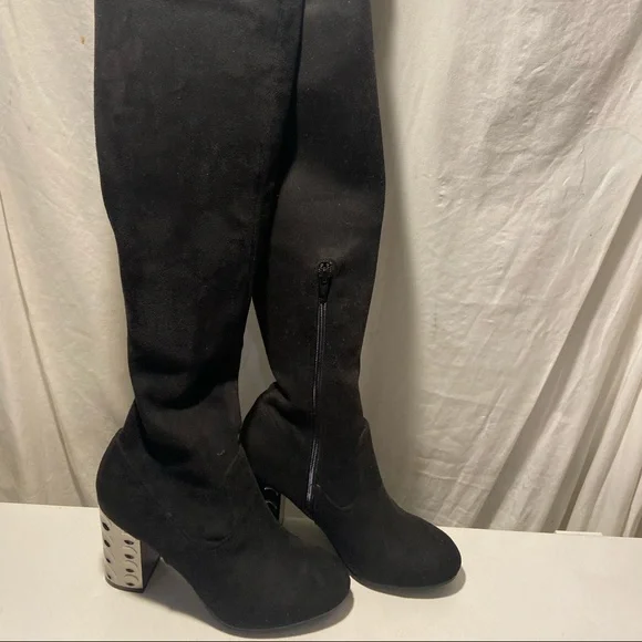 Carlos black over the knee boots zip up sides 3” metallic block heels size 6.5 - Picture 1 of 7